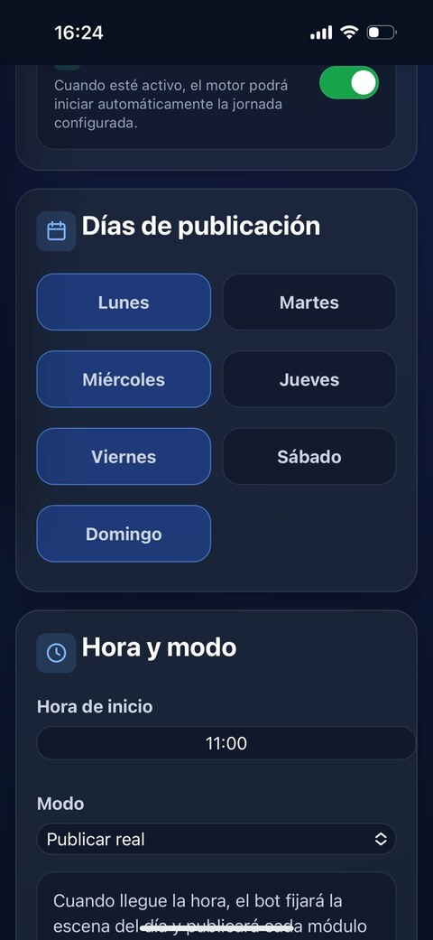 Selección de días de publicación y hora de inicio en MarketplaceBot Pro