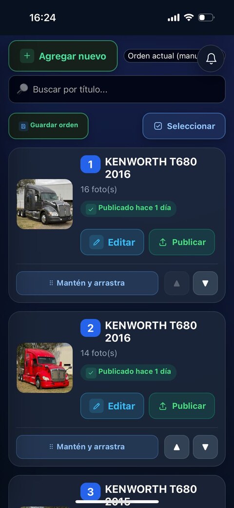 Lista de inventario de MarketplaceBot Pro con fotos, estado de publicación y botones de editar y publicar