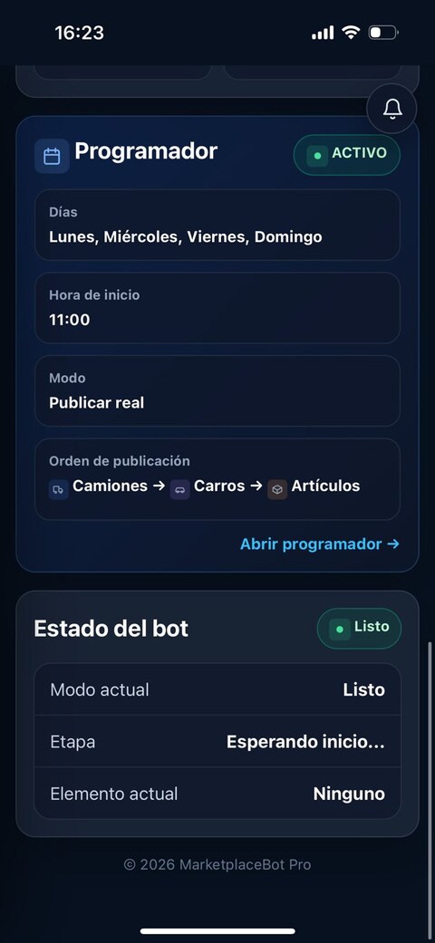 Programador activo de MarketplaceBot Pro con días, hora y orden de publicación