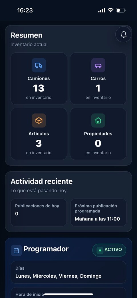 Panel Resumen de MarketplaceBot Pro con inventario de camiones, carros, artículos y propiedades